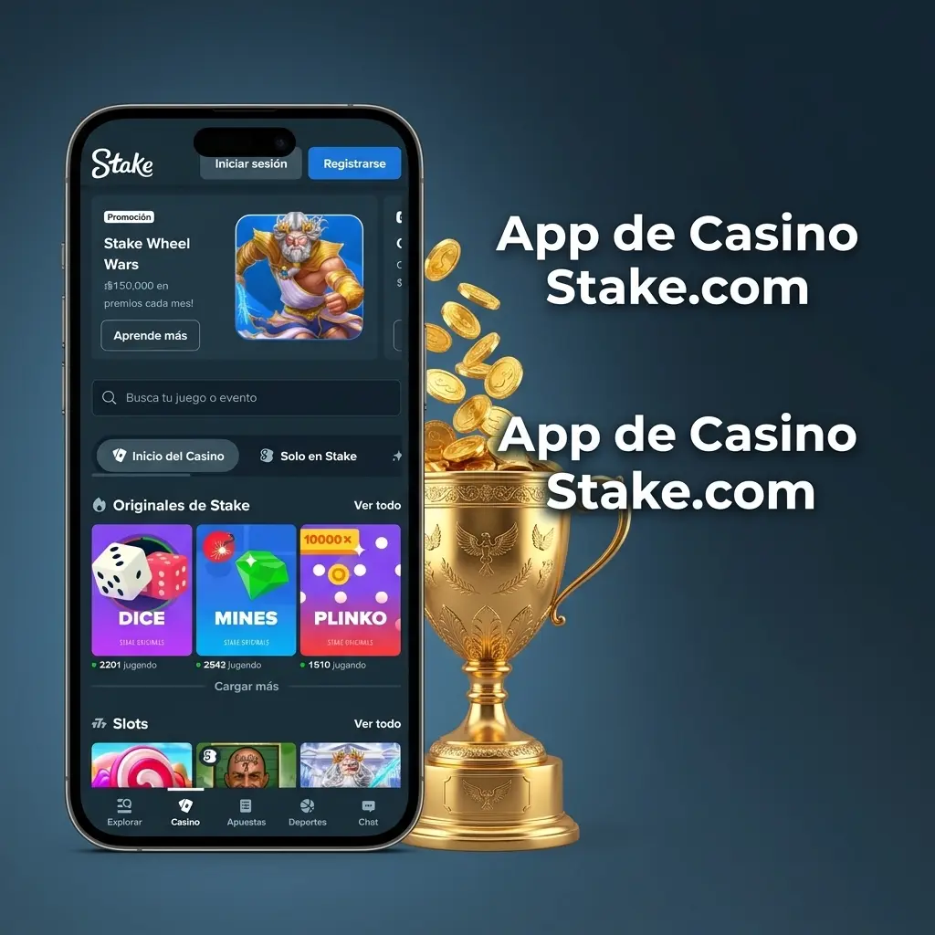 App de casino Stake.com con tragamonedas, juegos de mesa y casino en vivo con crupieres reales
