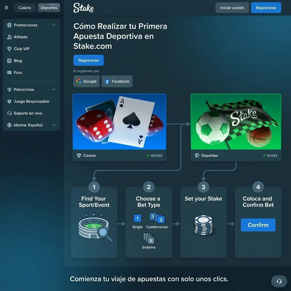 Guía paso a paso para realizar tu primera apuesta deportiva en Stake.com con criptomonedas