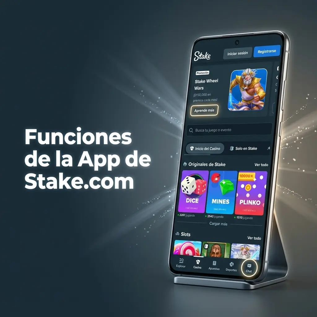 Interfaz de la app Stake.com con funciones de casino, apuestas deportivas, seguridad y gestión de cuenta en móvil