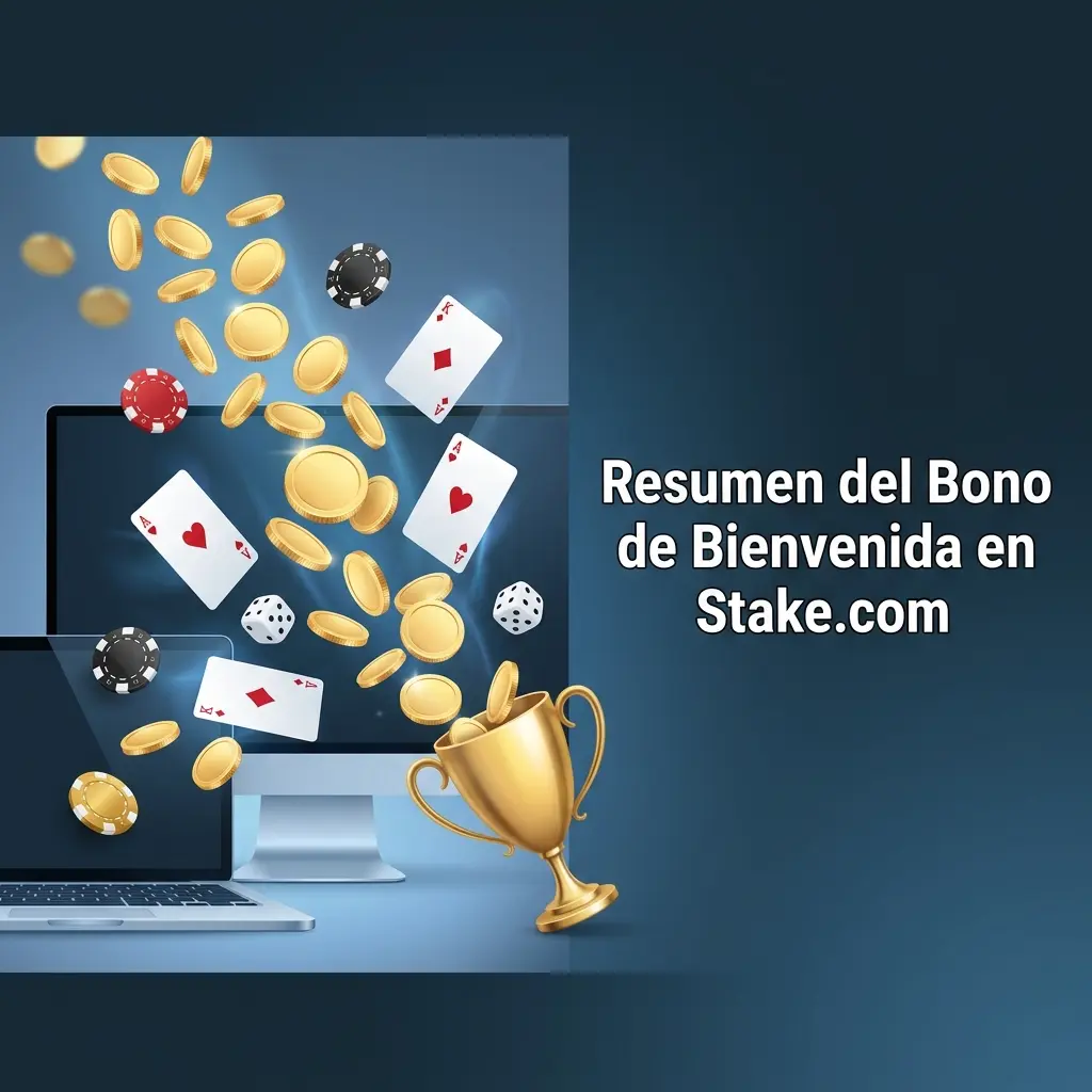 Tabla resumen del bono de bienvenida en Stake.com con promociones, montos y requisitos de apuesta