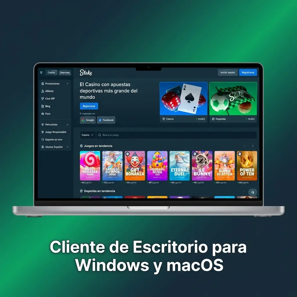 Stake.com accesible desde navegador en Windows y macOS sin cliente de escritorio dedicado