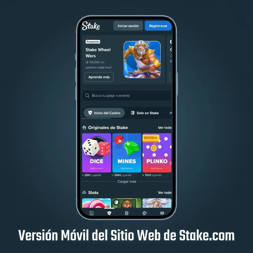 Versión móvil de Stake.com optimizada para smartphones y tablets con acceso a casino, apuestas y más